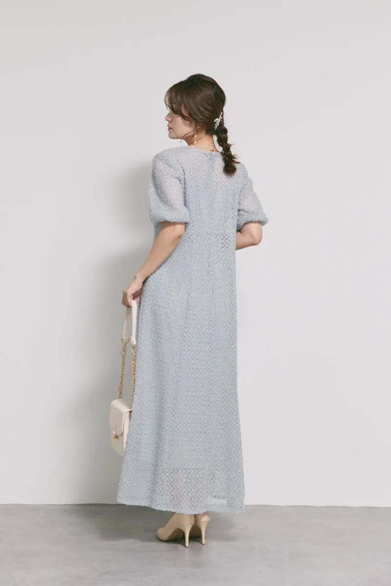 サックスのスパンコールレースドレス