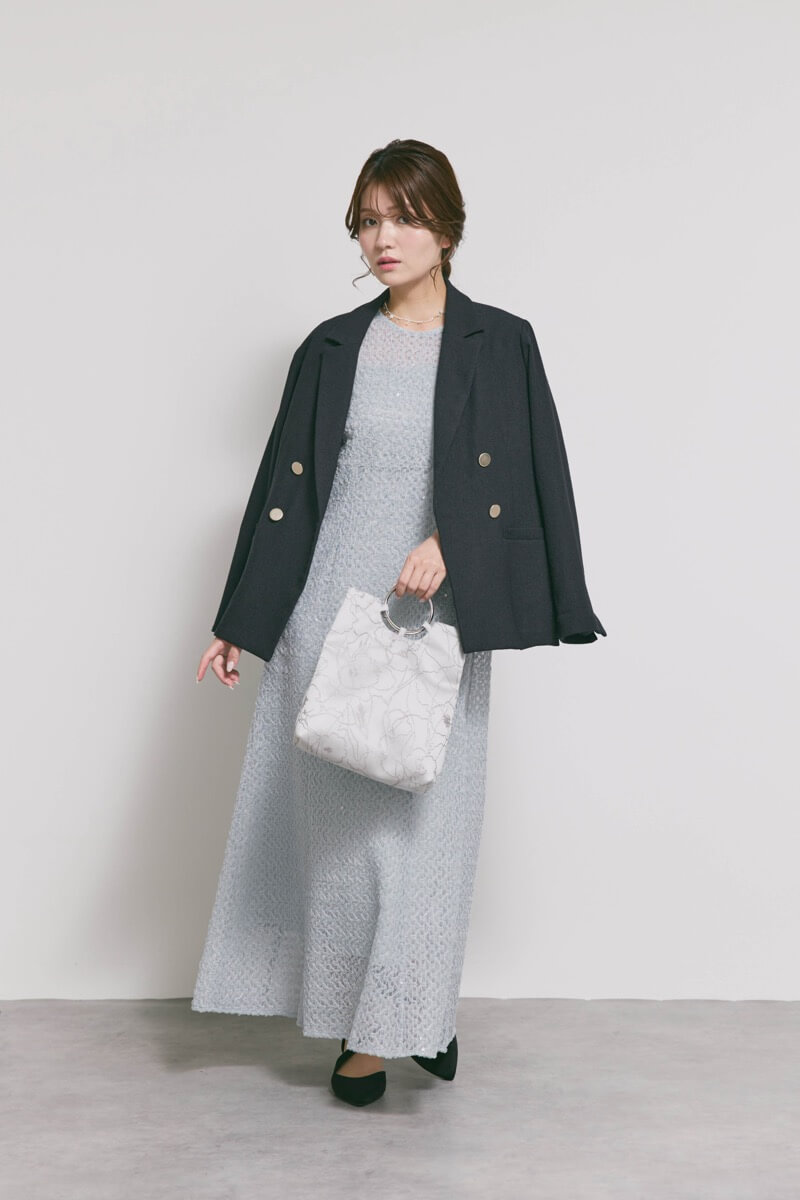 サックスのスパンコールレースドレス