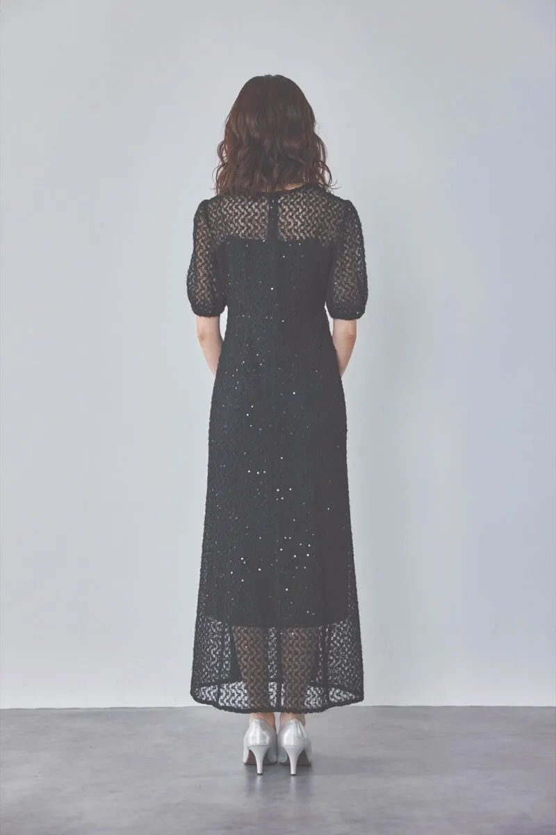 ブラックのスパンコールレースドレス
