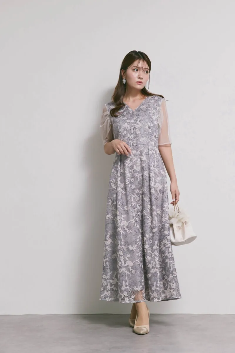 ラベンダーのシアーオフショルドレス