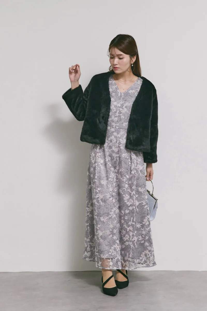 ラベンダーのシアーオフショルドレス