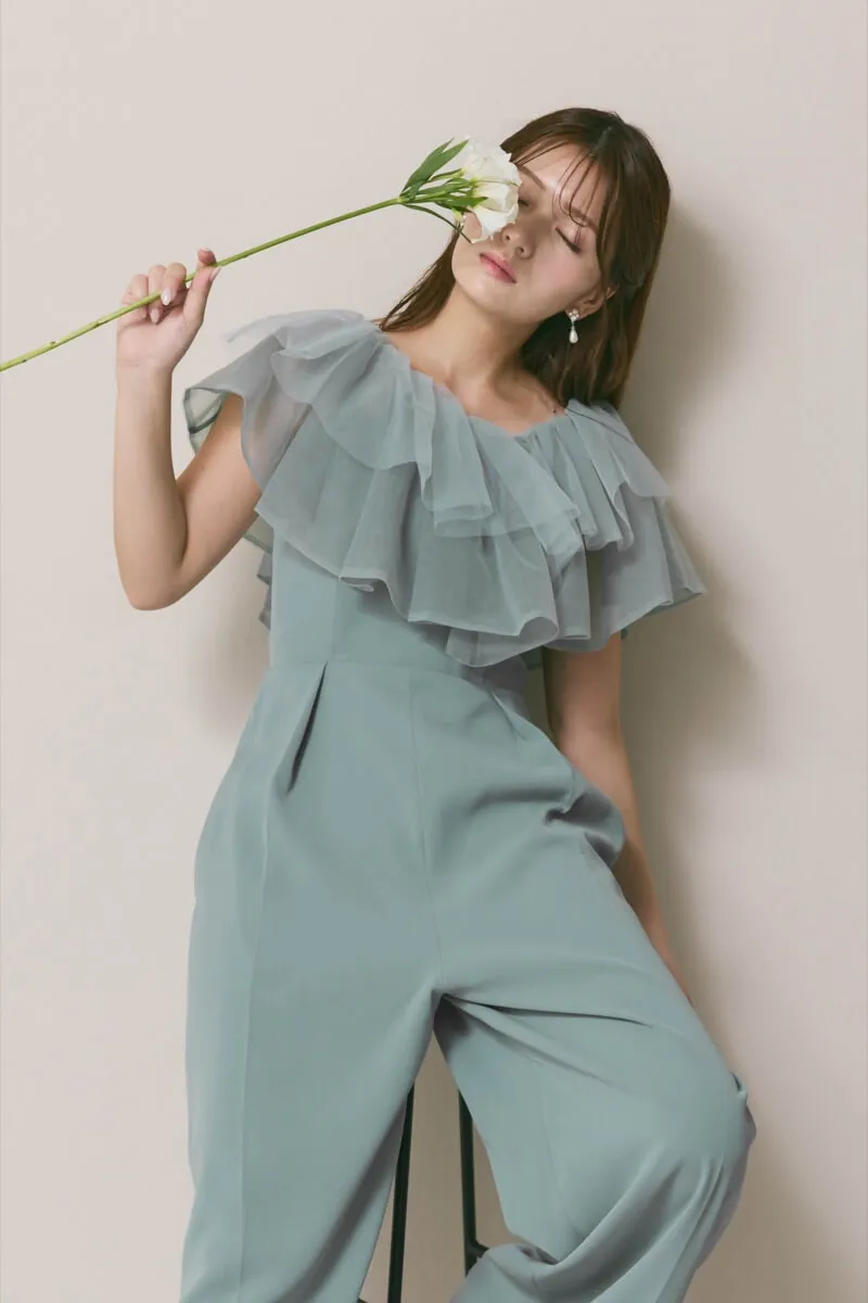 ブルーのチュールカラーベアパンツドレス