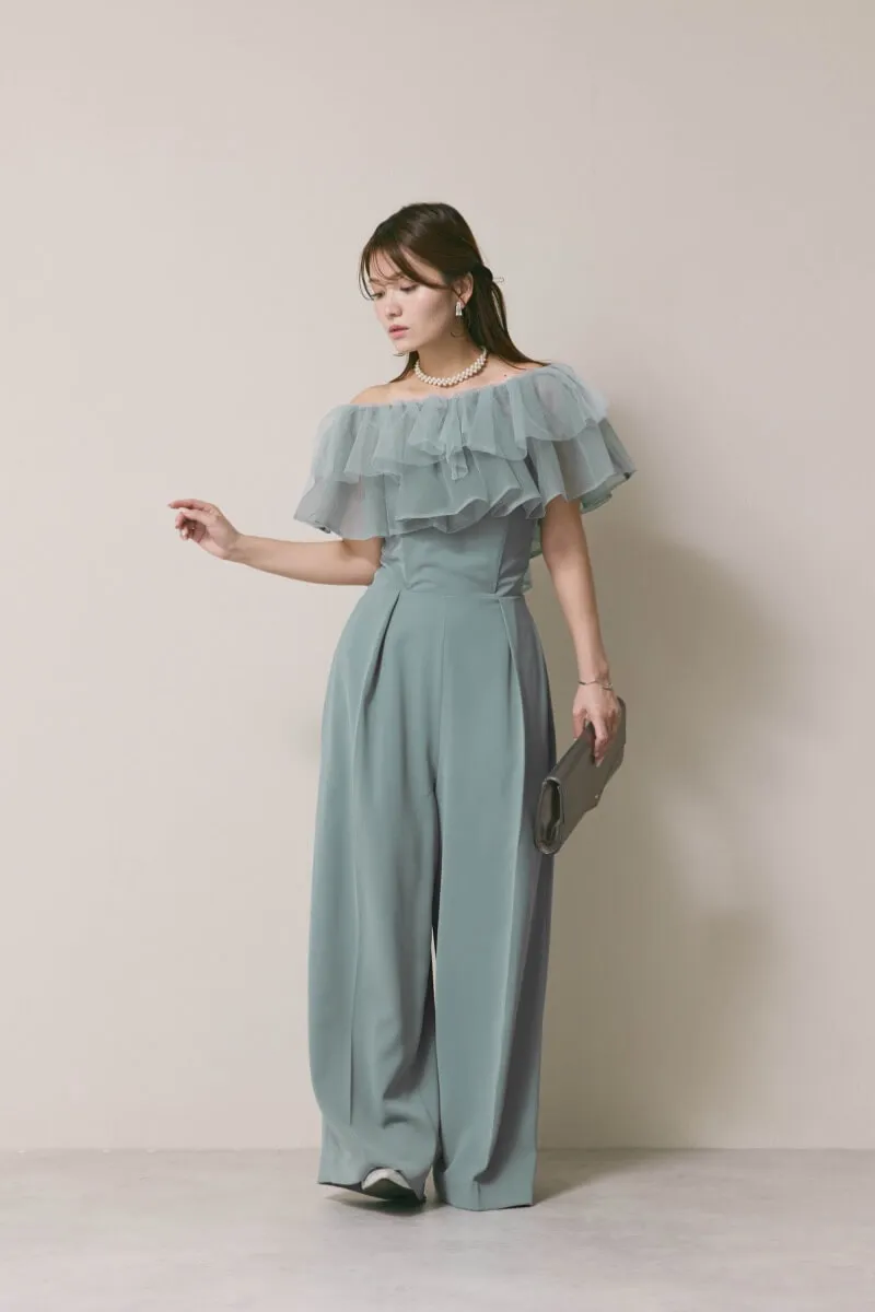 ブルーのチュールカラーベアパンツドレス