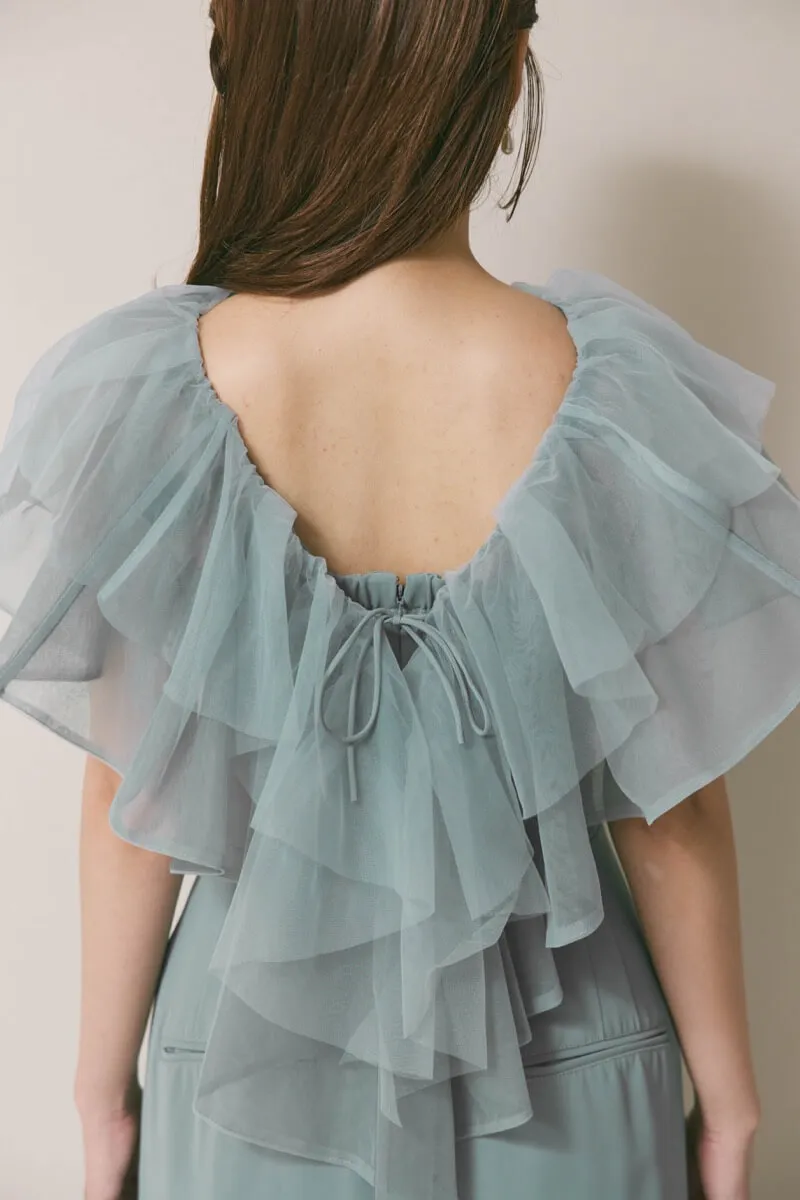 ブルーのチュールカラーベアパンツドレス