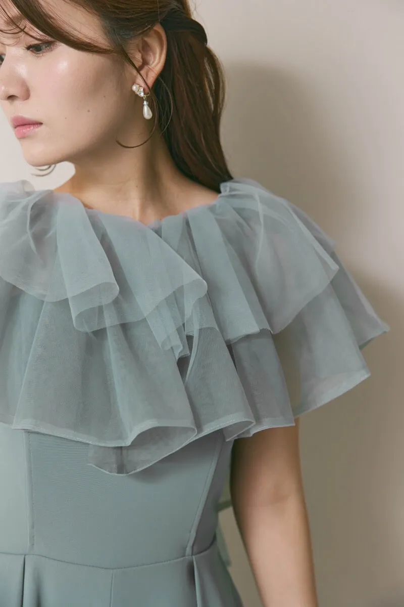 ブルーのチュールカラーベアパンツドレス