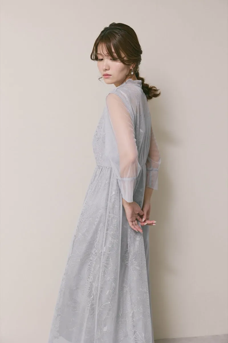 サックスのレースミックスチュールドレス