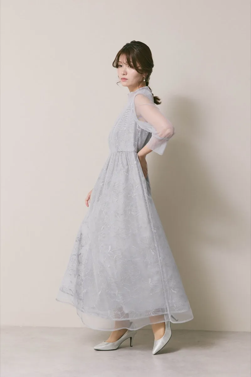 サックスのレースミックスチュールドレス