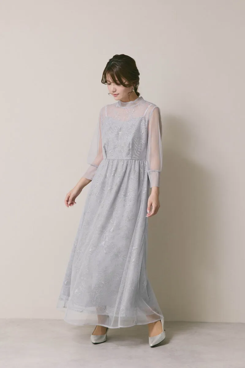 サックスのレースミックスチュールドレス