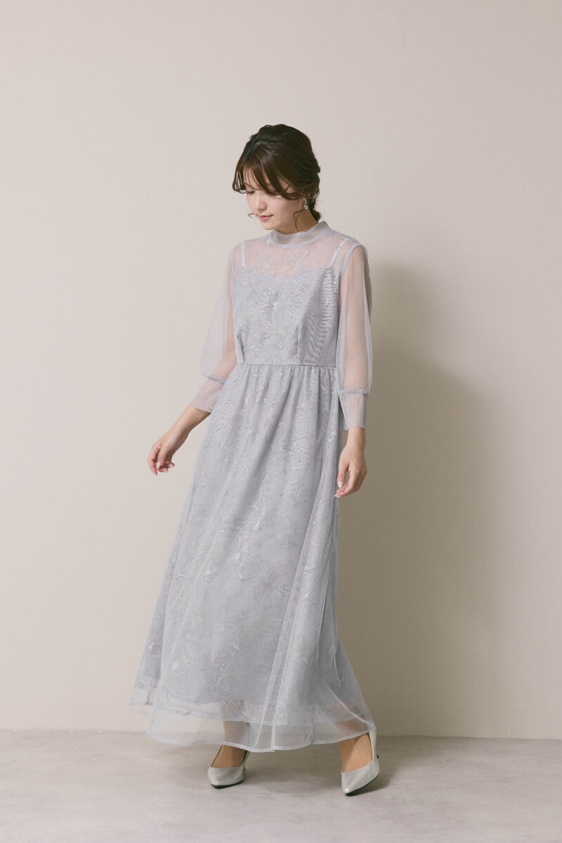 サックスのレースミックスチュールドレス