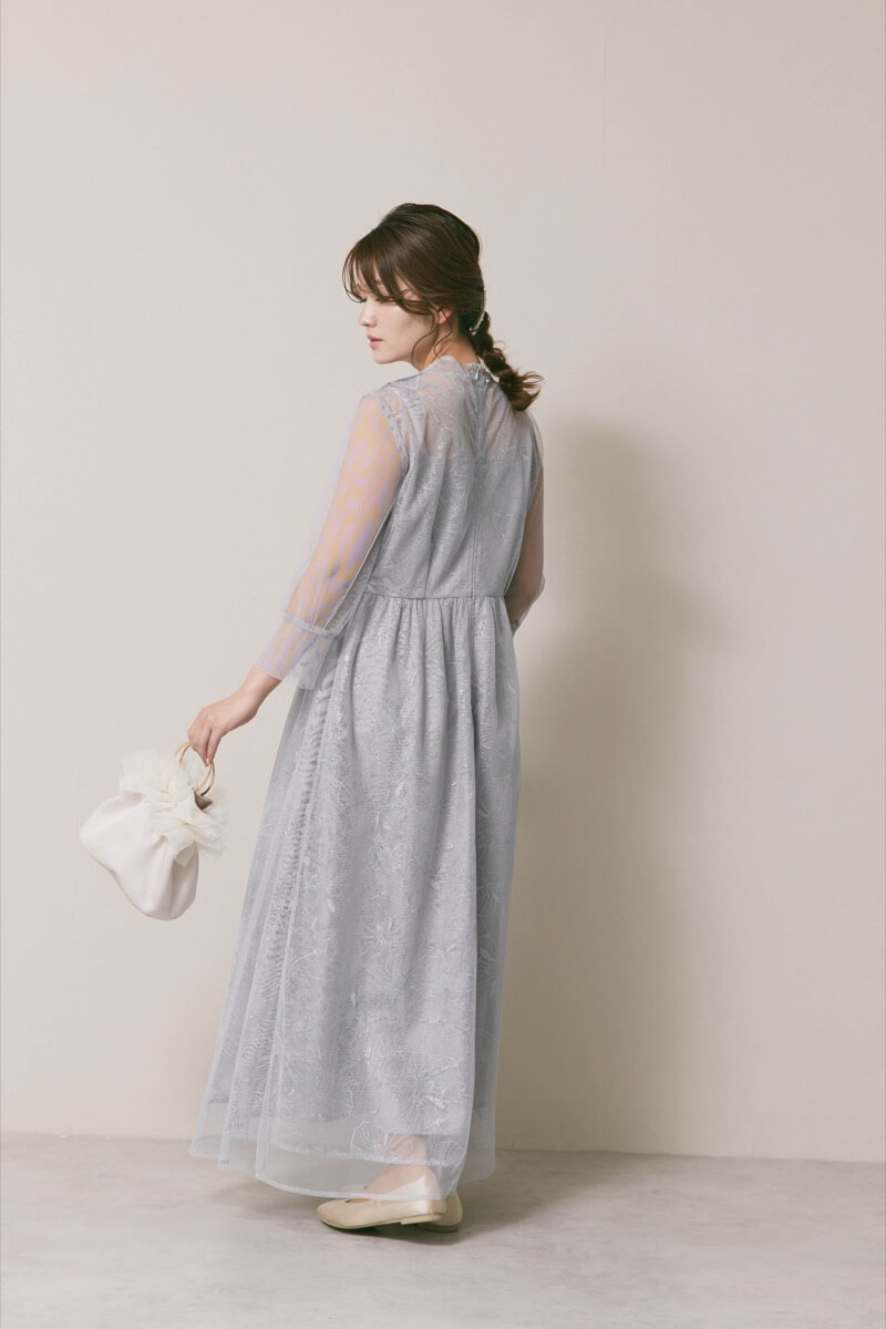 サックスのレースミックスチュールドレス