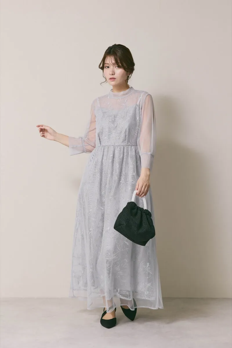 サックスのレースミックスチュールドレス