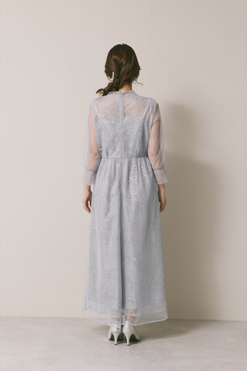 サックスのレースミックスチュールドレス