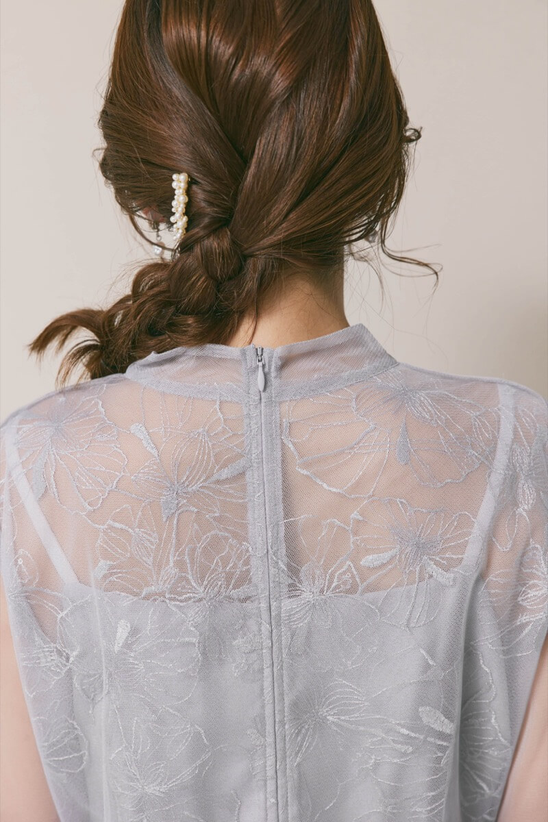 サックスのレースミックスチュールドレス