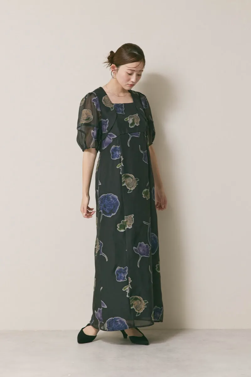 ブラックのフラワープリントオケージョンドレス