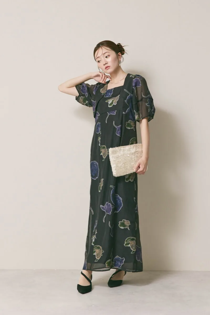 ブラックのフラワープリントオケージョンドレス