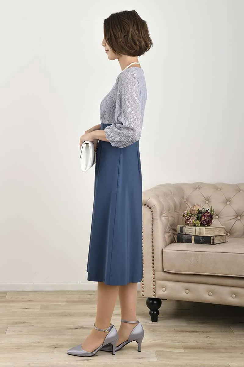 ブルーグレーのボリュームスリーブ切替えドレス