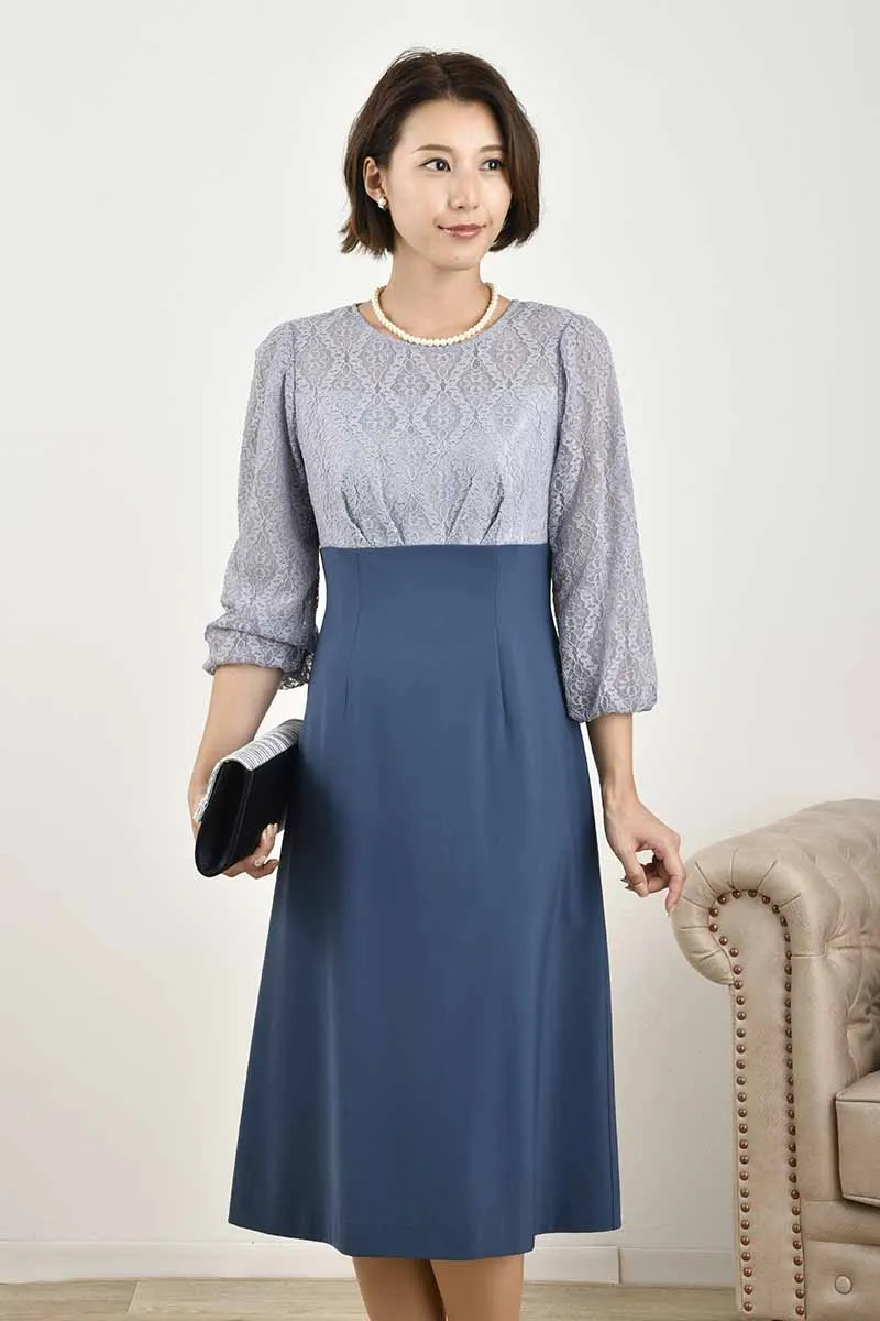 ブルーグレーのボリュームスリーブ切替えドレス