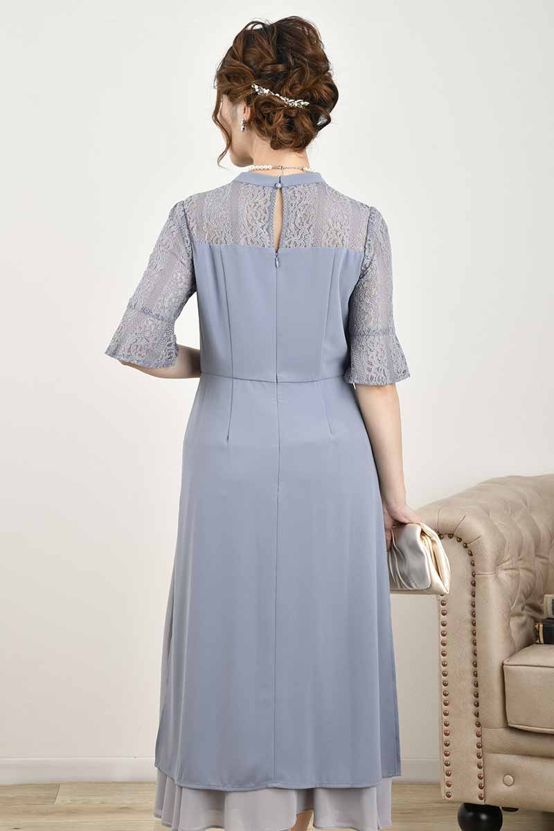 ブルーグレーのフレアスリーブスリット入りドレス
