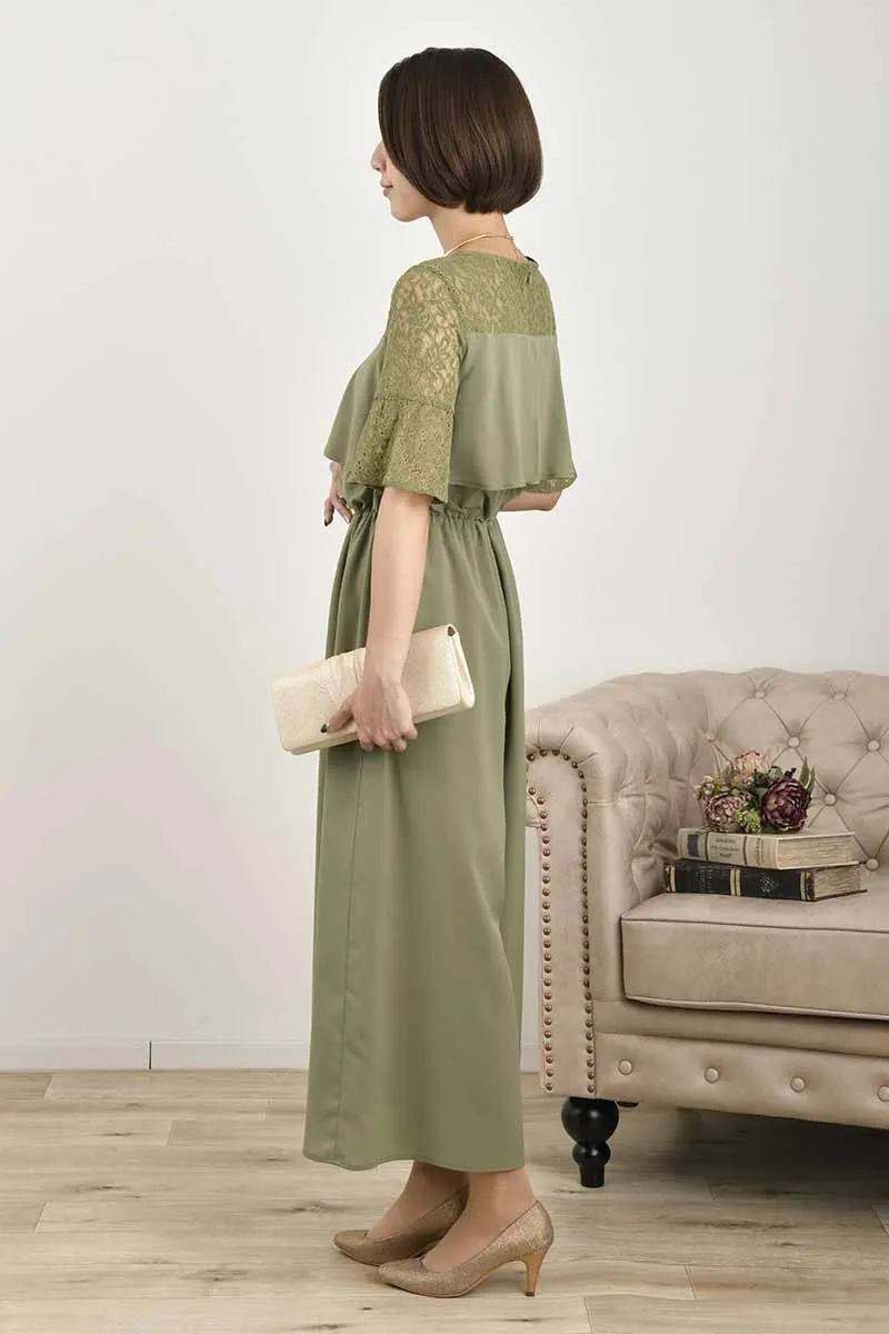 グリーンのデコルテレースパンツドレス