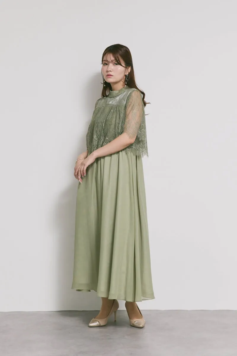 モーヴグリーンの授乳口付ハイネックレースドレス /Select Shop