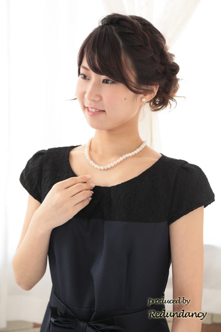 ネイビー×ブラックのレース切替パフスリーブドレスコーディネートセット