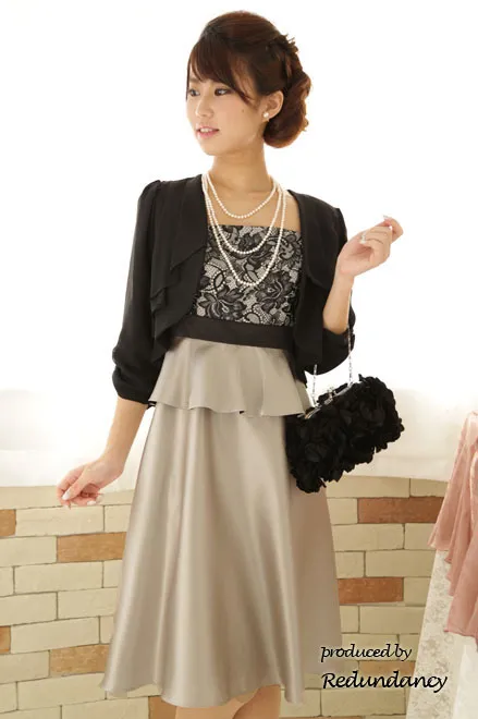 ゴールドのハイウエスト切替サテンドレスコーディネートセット