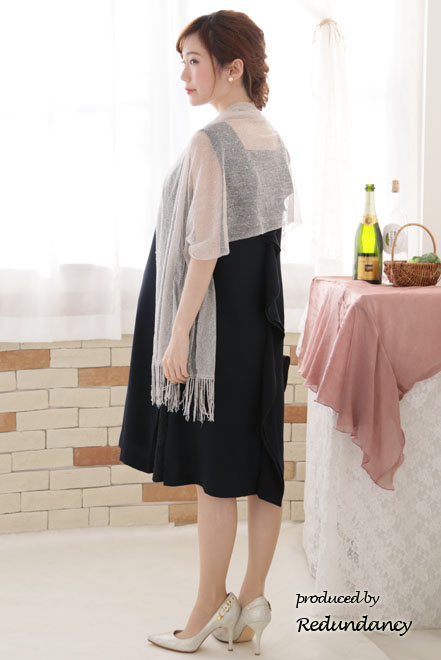 ネイビーのY字バックフリルレース切替ドレスコーディネートセット