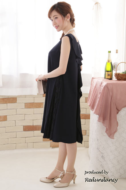 ネイビーのY字バックフリルレース切替ドレスコーディネートセット