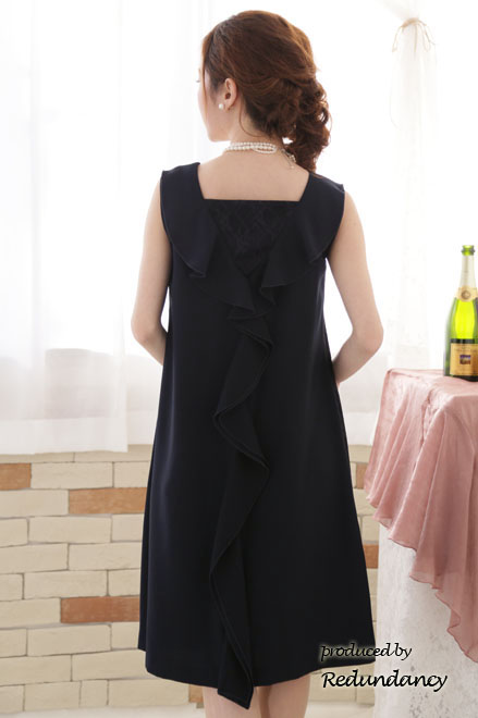 ネイビーのY字バックフリルレース切替ドレスコーディネートセット