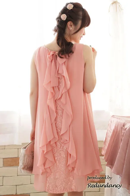 ピンクのバックフリルシフォンドレスコーディネートセット