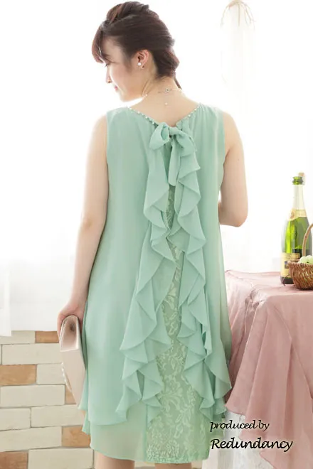 パステルグリーンのバックフリルシフォンドレスコーディネートセット