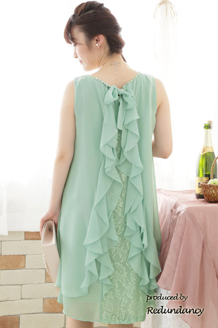 パステルグリーンのバックフリルシフォンドレスコーディネートセット