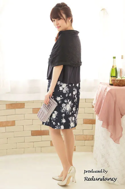 ネイビーのシフォントップス付き花柄ドレスコーディネートセット