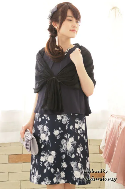 ネイビーのシフォントップス付き花柄ドレスコーディネートセット