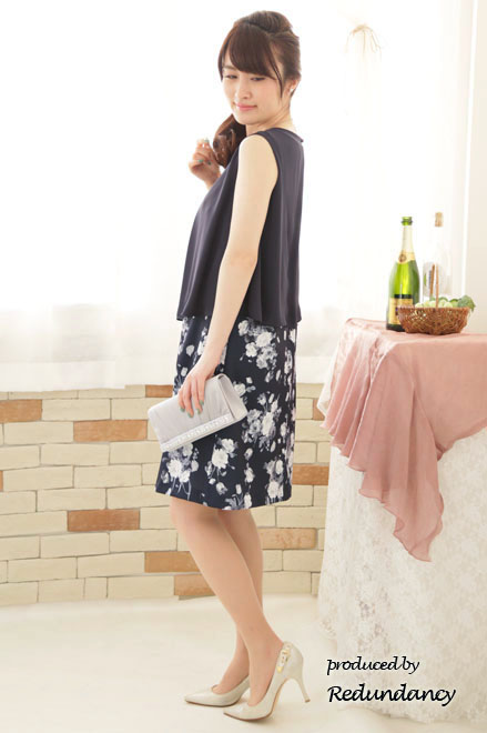 ネイビーのシフォントップス付き花柄ドレスコーディネートセット