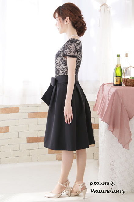 ブラック×ベージュの切替レースドレスコーディネートセット