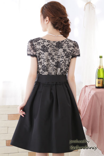 ブラック×ベージュの切替レースドレスコーディネートセット