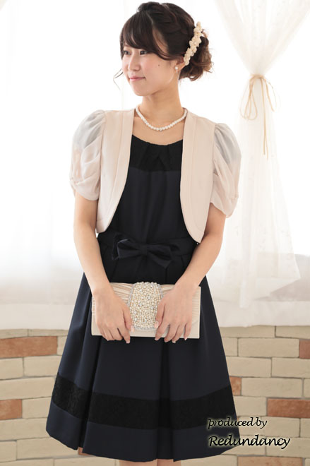 ネイビー×ブラックのレース切替パフスリーブドレスコーディネートセット