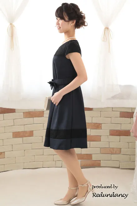 ネイビー×ブラックのレース切替パフスリーブドレスコーディネートセット