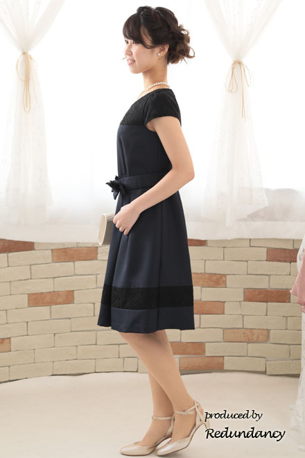 ネイビー×ブラックのレース切替パフスリーブドレスコーディネートセット