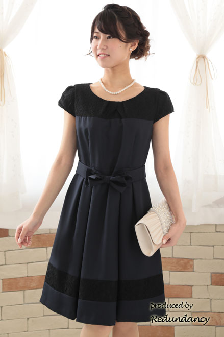 ネイビー×ブラックのレース切替パフスリーブドレスコーディネートセット