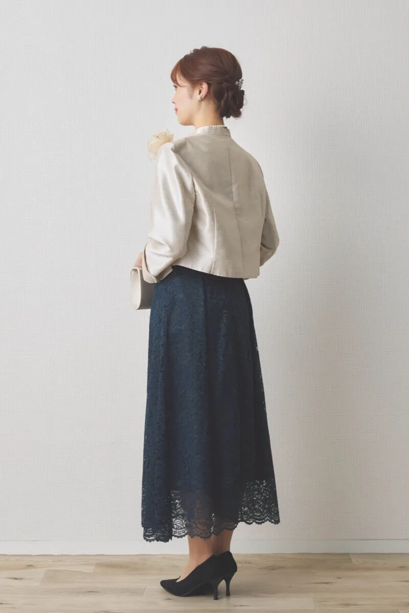 グリーンのスクエアスリーブフラワーレースドレス