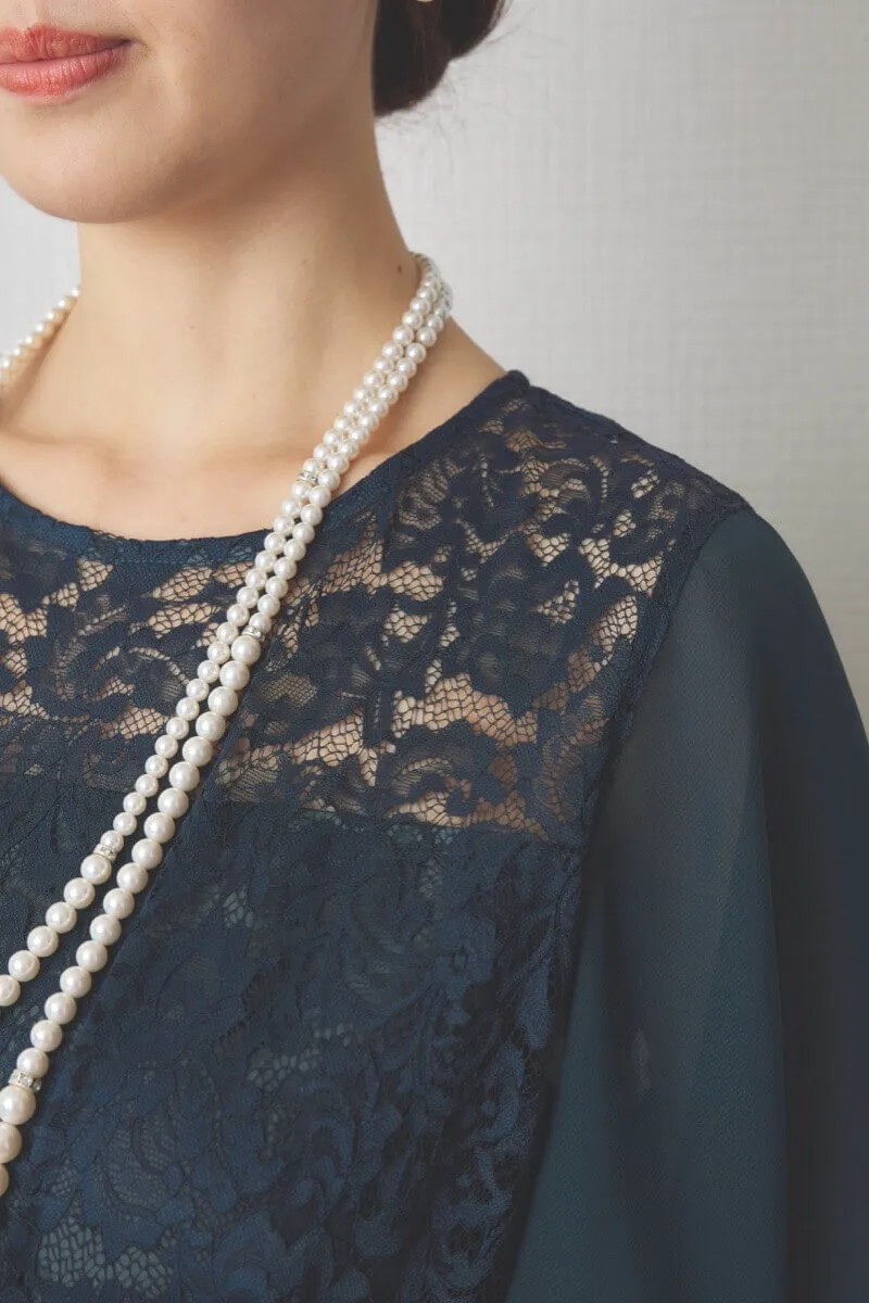 グリーンのスクエアスリーブフラワーレースドレス