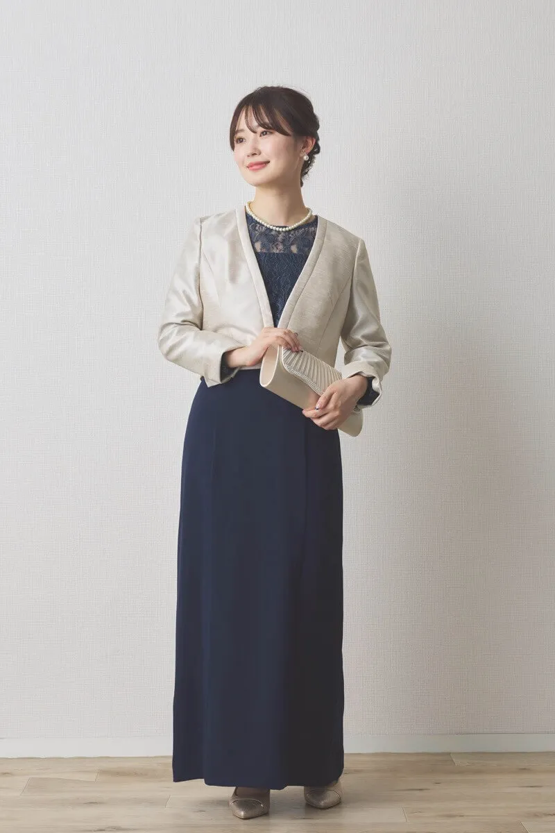 ネイビーのレースブラウス付きタイトラインドレス