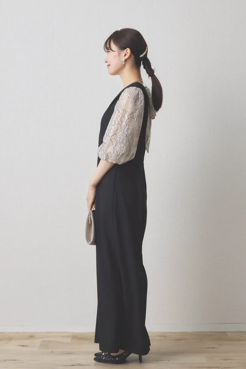 ブラックのレース袖オールインワンドレス