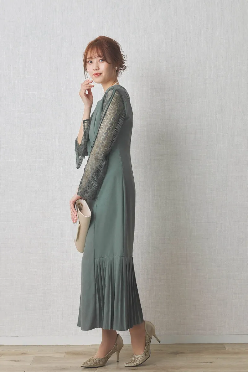 ダスティグリーンの裾プリーツマーメイドドレス
