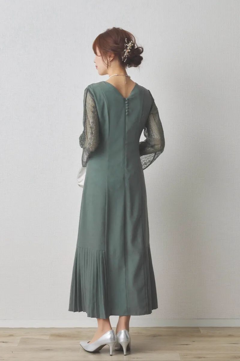 ダスティグリーンの裾プリーツマーメイドドレス