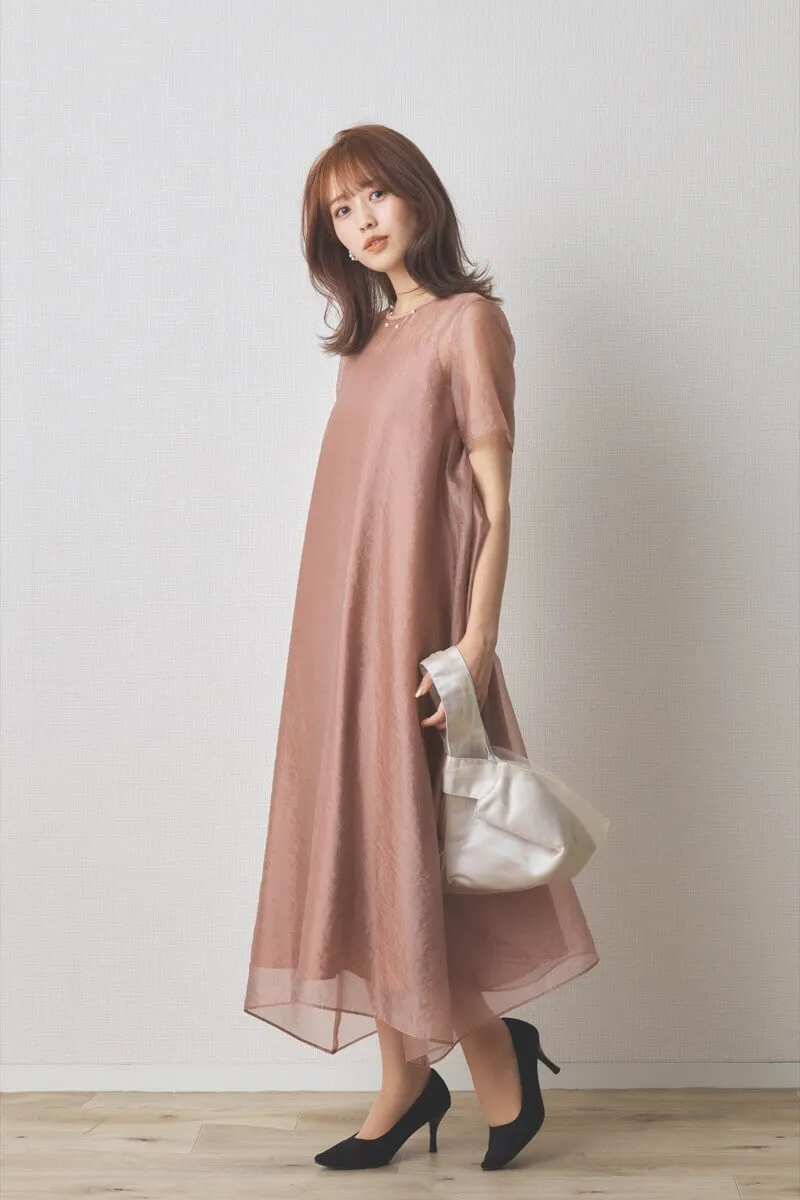 ピンクのシアーオーガンジーショートスリーブドレス