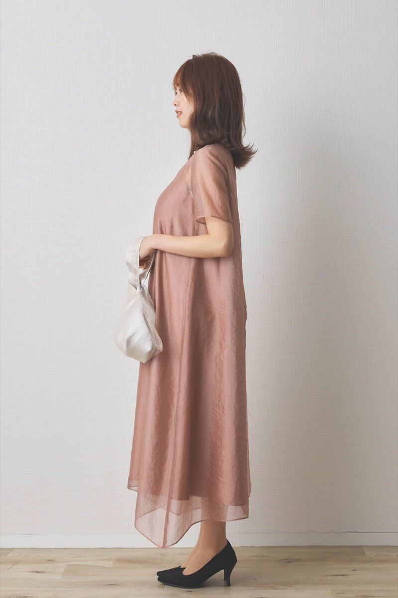 ピンクのシアーオーガンジーショートスリーブドレス