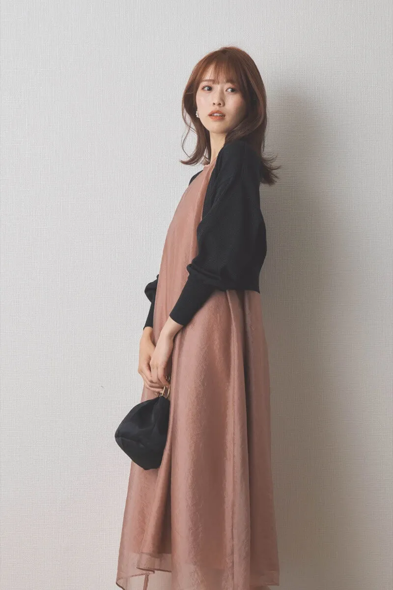 ピンクのシアーオーガンジーショートスリーブドレス